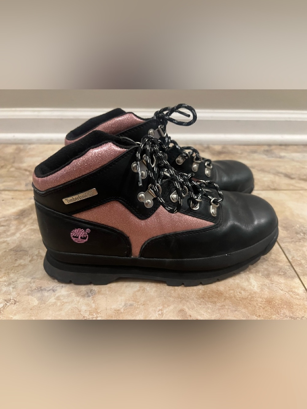 Timberland - Black and Pink Glitter Lace-Up Boots